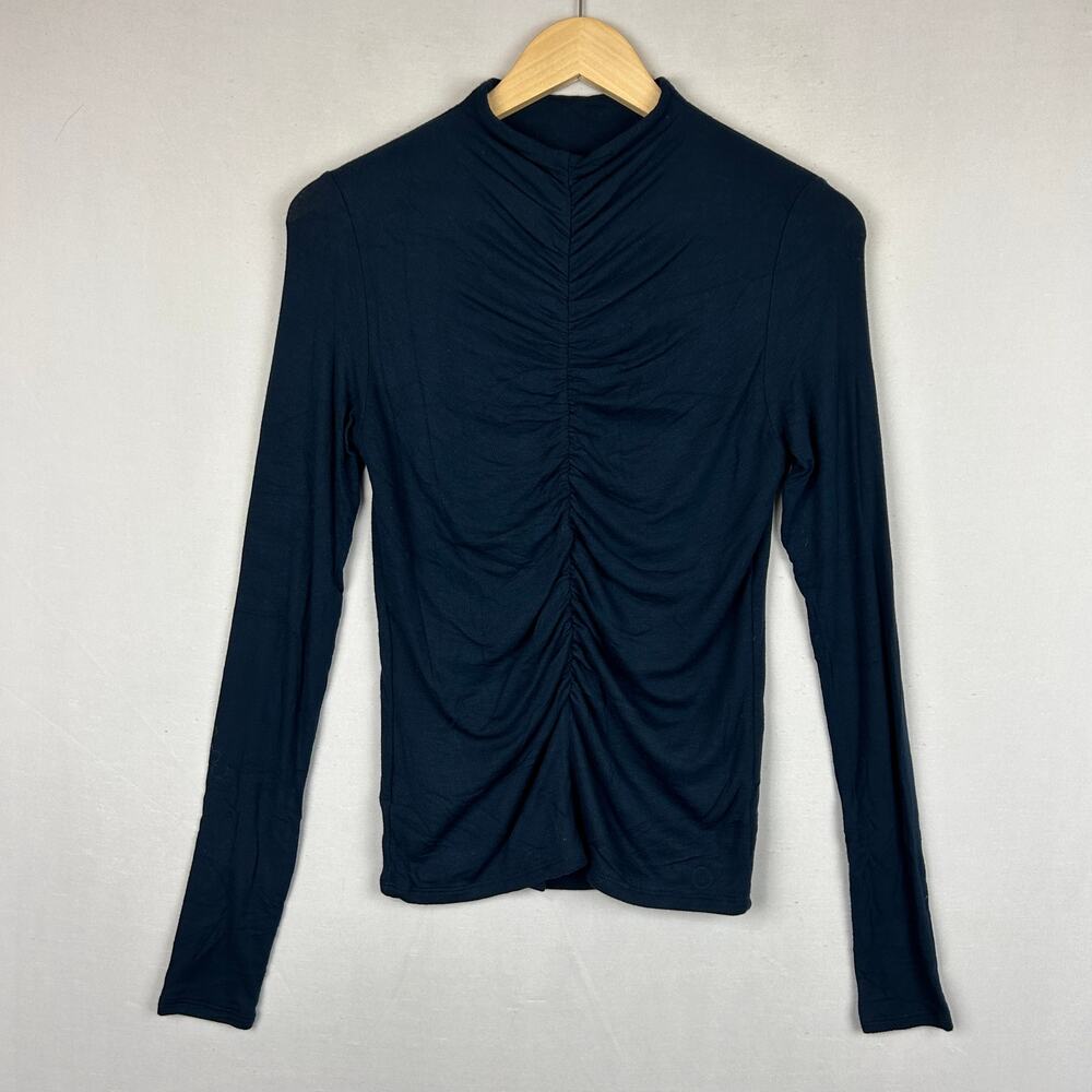 Veronica Beard Theresa Ruched Turtleneck Midnight Navy Long Sleeve Womens Size S